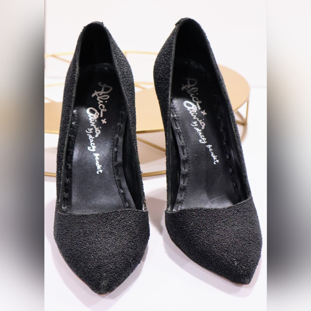 Alice + Olivia Dina Black Caviar Beaded Pointy Toe Heels Pumps - Picture 4 of 10
